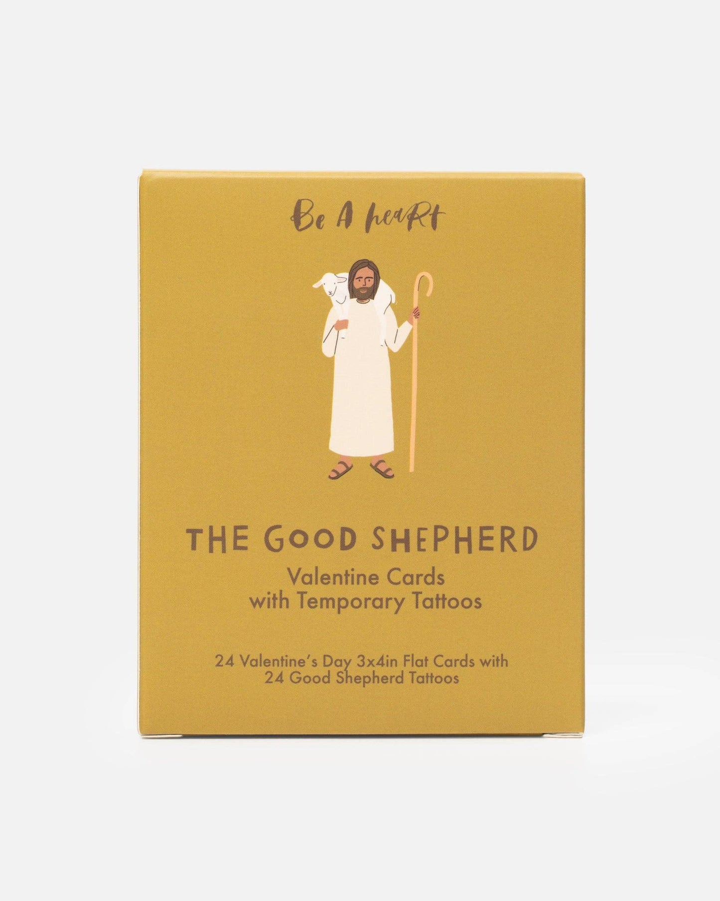 Box of 'The Good Shepherd' Valentine cards with temporary tattoos on a white background