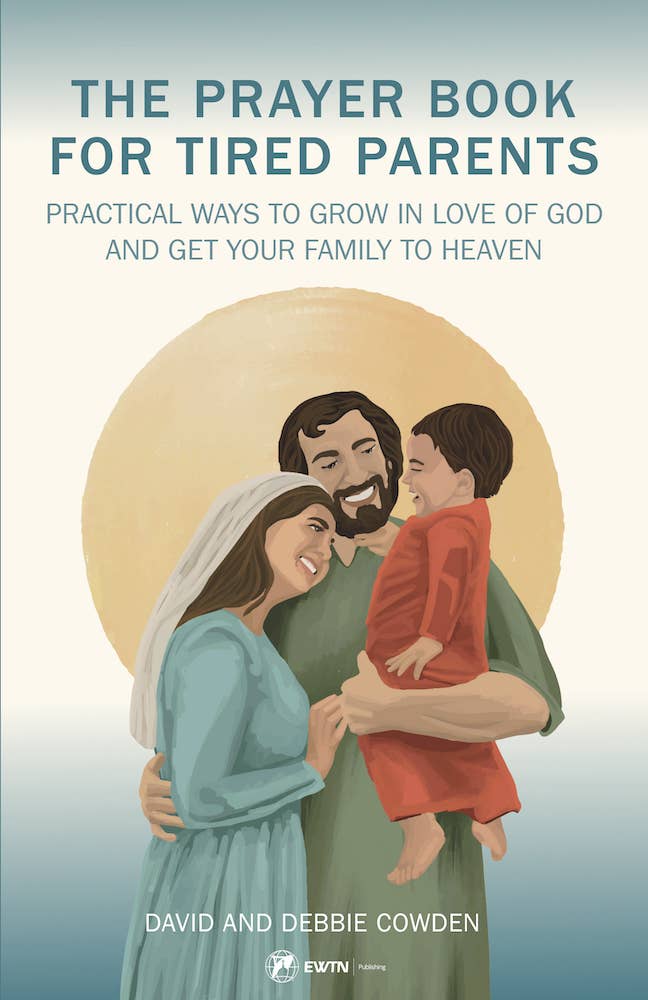 Book cover of 'The Prayer Book for Tired Parents' with a family illustration on a blue background.