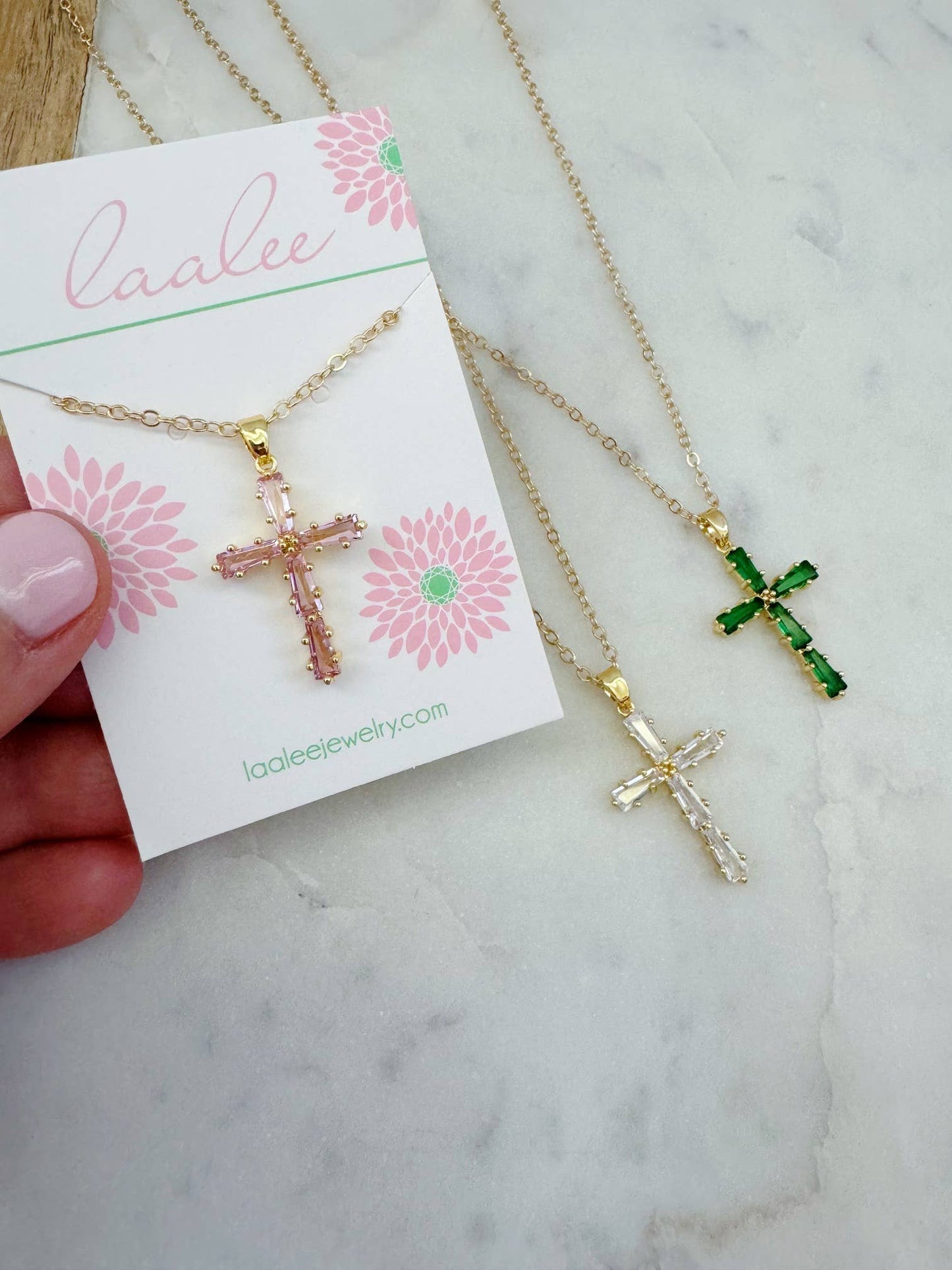 Religious Jewelry, CZ Cross Necklace, Mothers Day Gift: Pink cubic zirconia / 18" (popular)