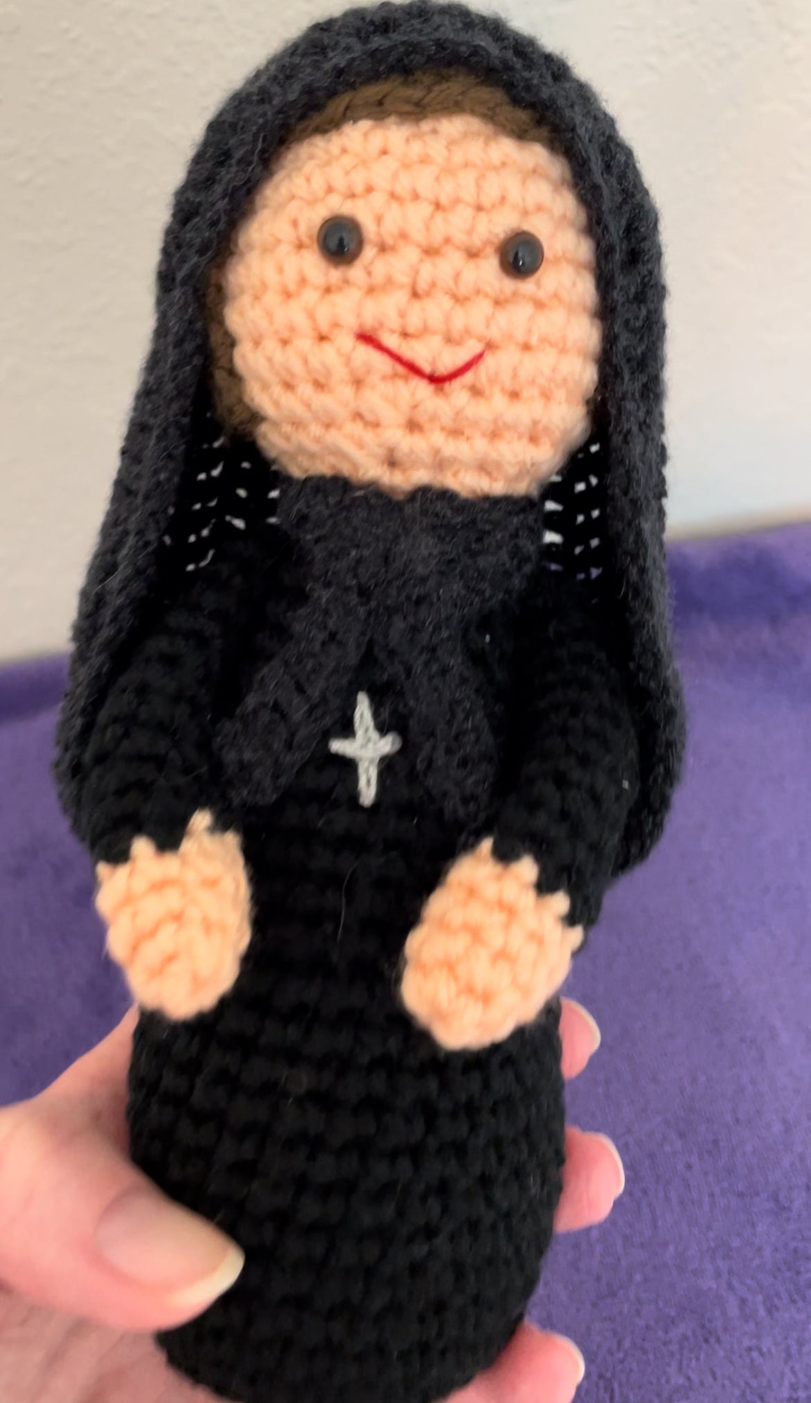 Crocheted Mother Cabrini doll with prayer card