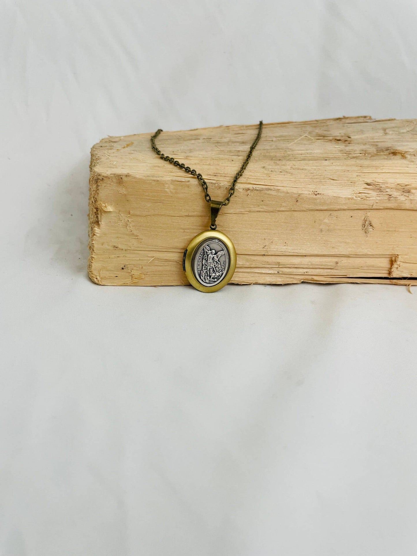 ST MICHAEL BRONZE Locket w/chain   (1.25" X 1")