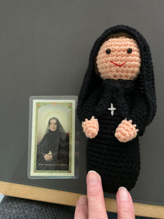 Crocheted Mother Cabrini doll with prayer card