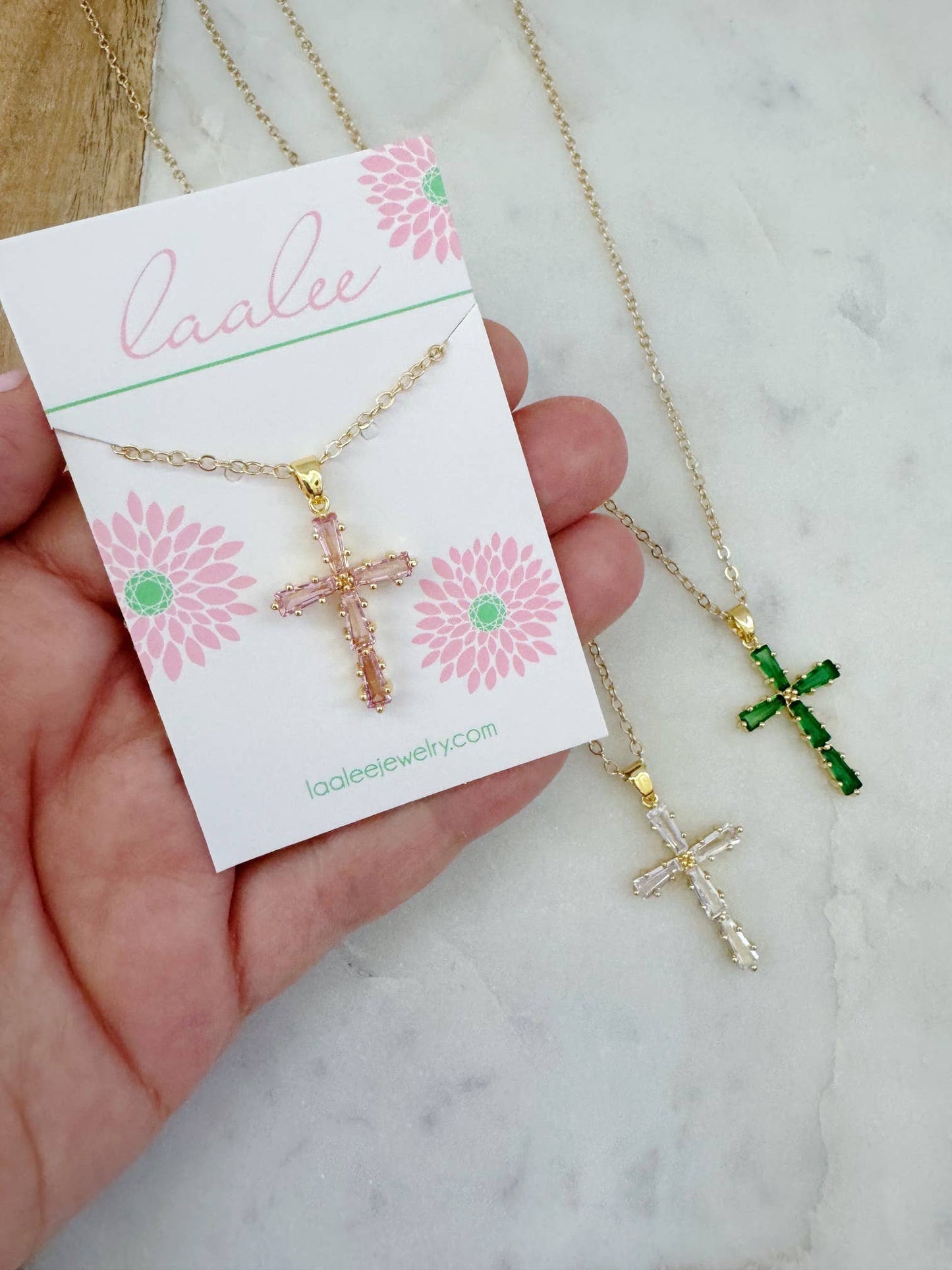 Religious Jewelry, CZ Cross Necklace, Mothers Day Gift: Pink cubic zirconia / 18" (popular)