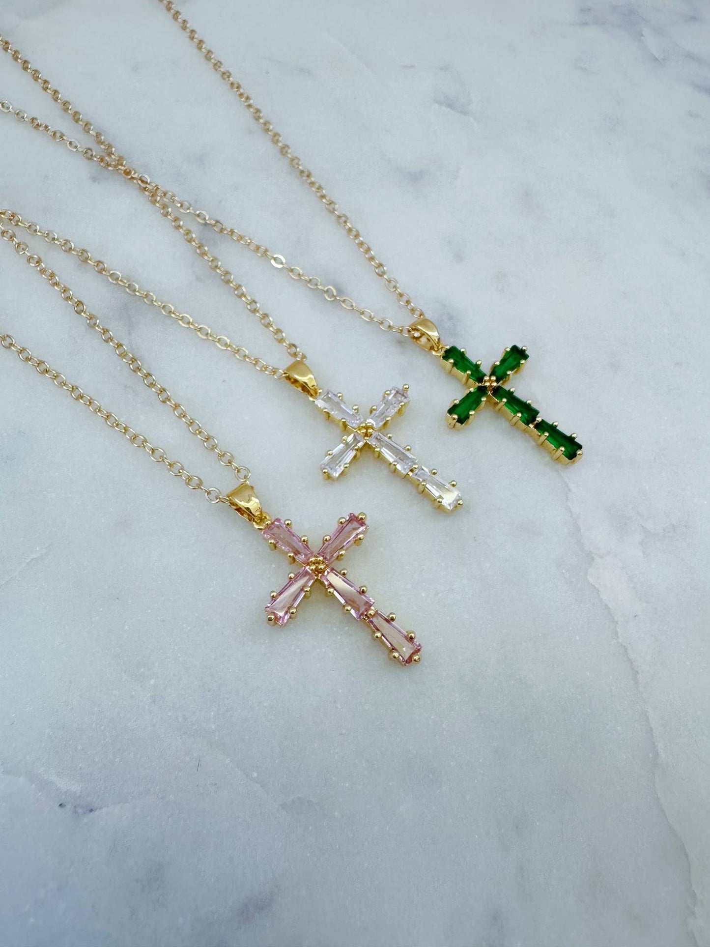 Religious Jewelry, CZ Cross Necklace, Mothers Day Gift: Pink cubic zirconia / 18" (popular)