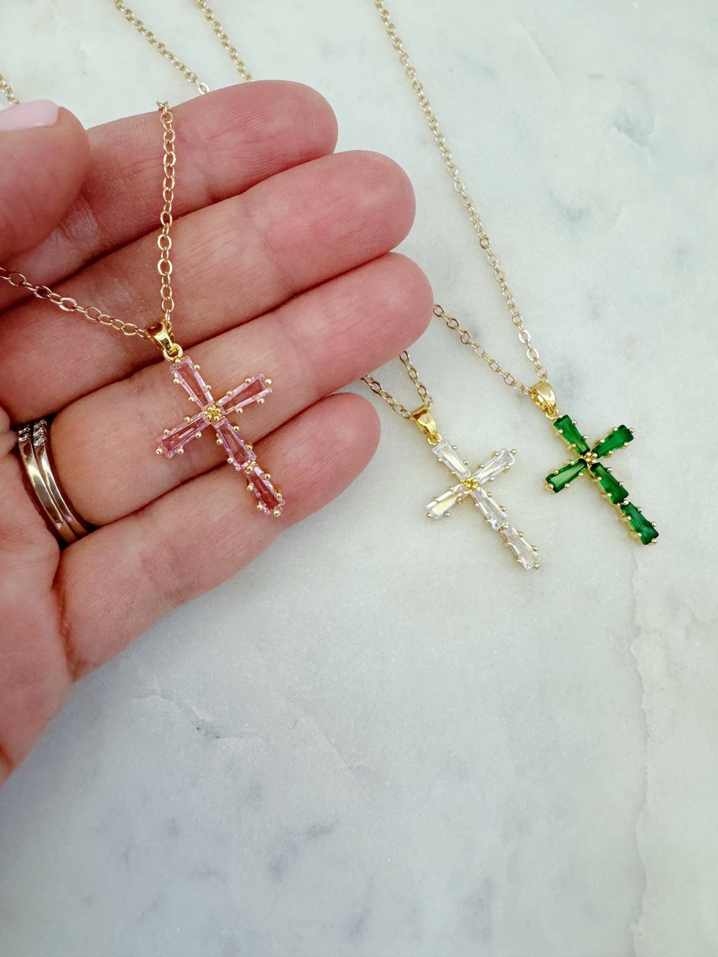 Religious Jewelry, CZ Cross Necklace, Mothers Day Gift: Pink cubic zirconia / 18" (popular)