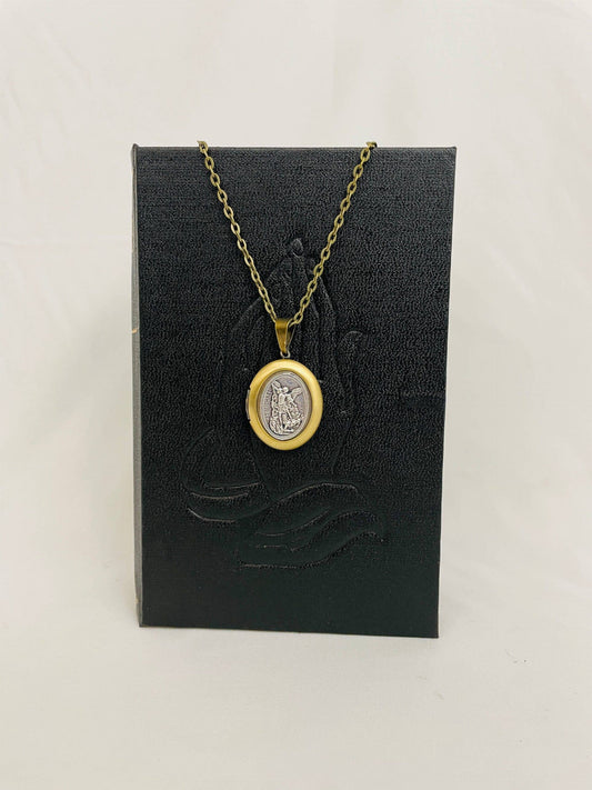 ST MICHAEL BRONZE Locket w/chain   (1.25" X 1")