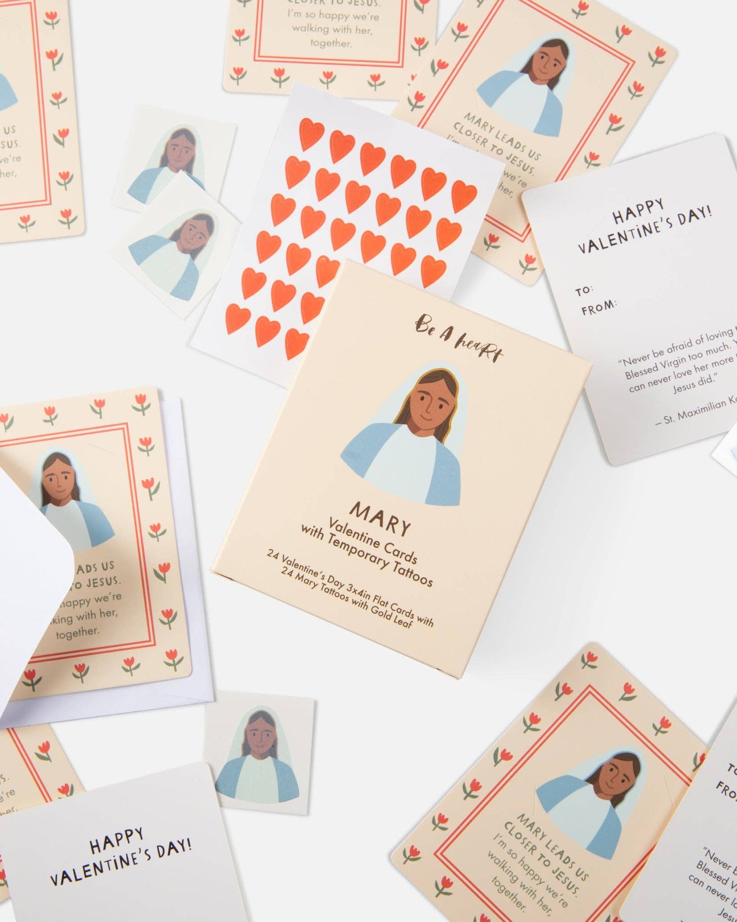 Valentine's Day cards with temporary tattoos and illustrations of Mary on a white background.
