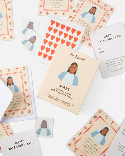 Valentine's Day cards with temporary tattoos and illustrations of Mary on a white background.