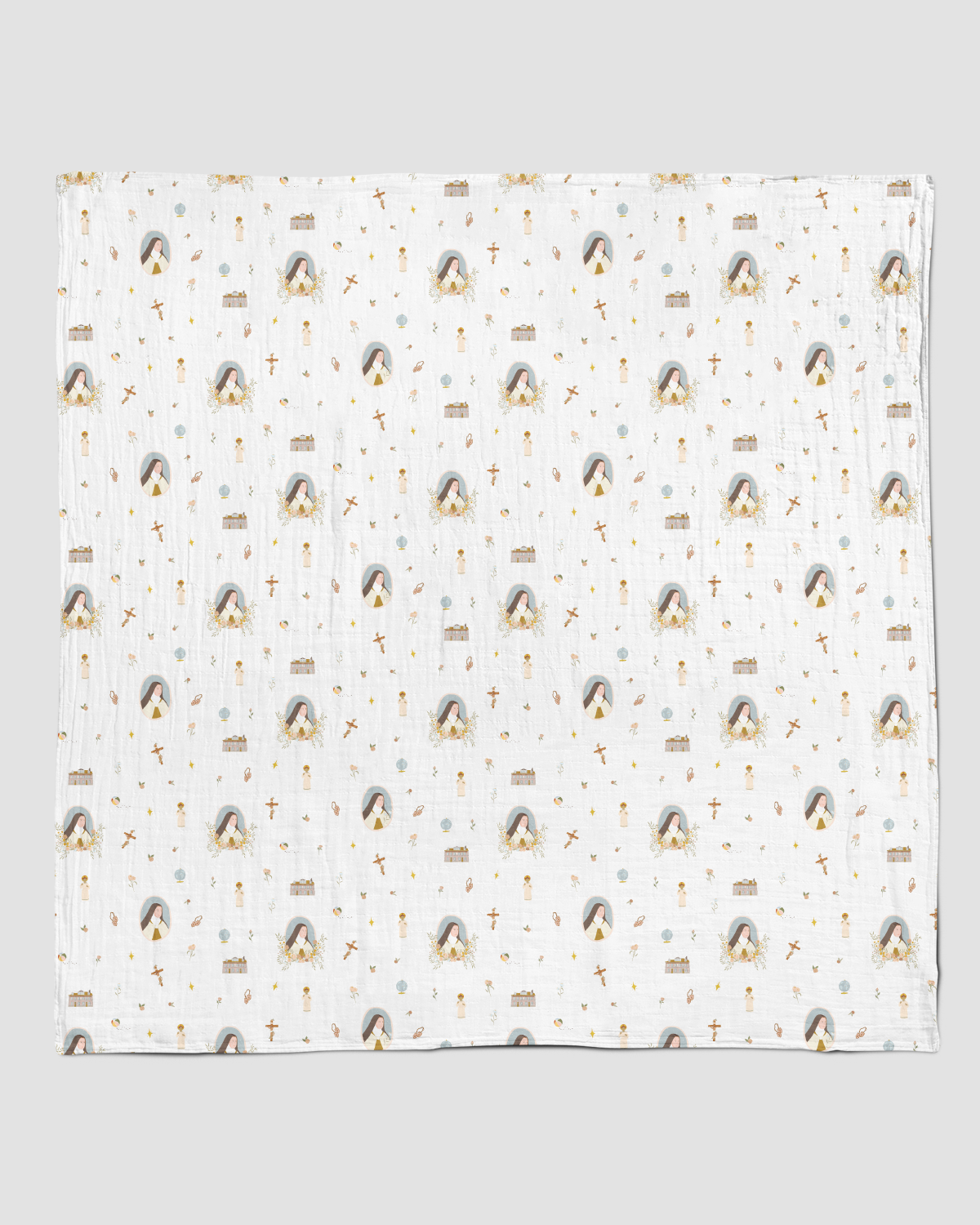 Patterned fabric square with small icons on a light gray background