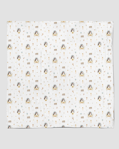 Patterned fabric square with small icons on a light gray background