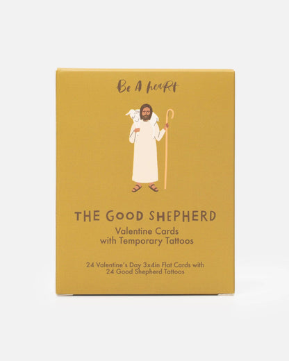 Box of 'The Good Shepherd' Valentine cards with temporary tattoos on a white background