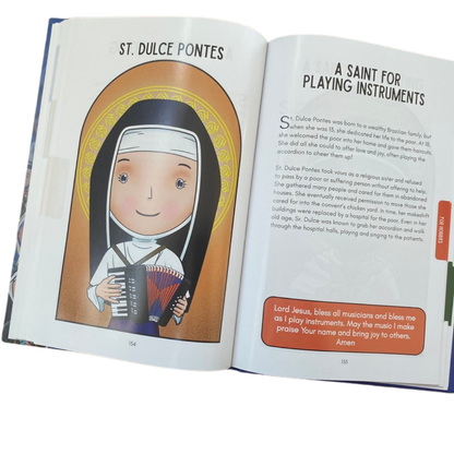 Open book featuring an illustration of St. Dulce Pontes holding a musical instrument with text on the right side.