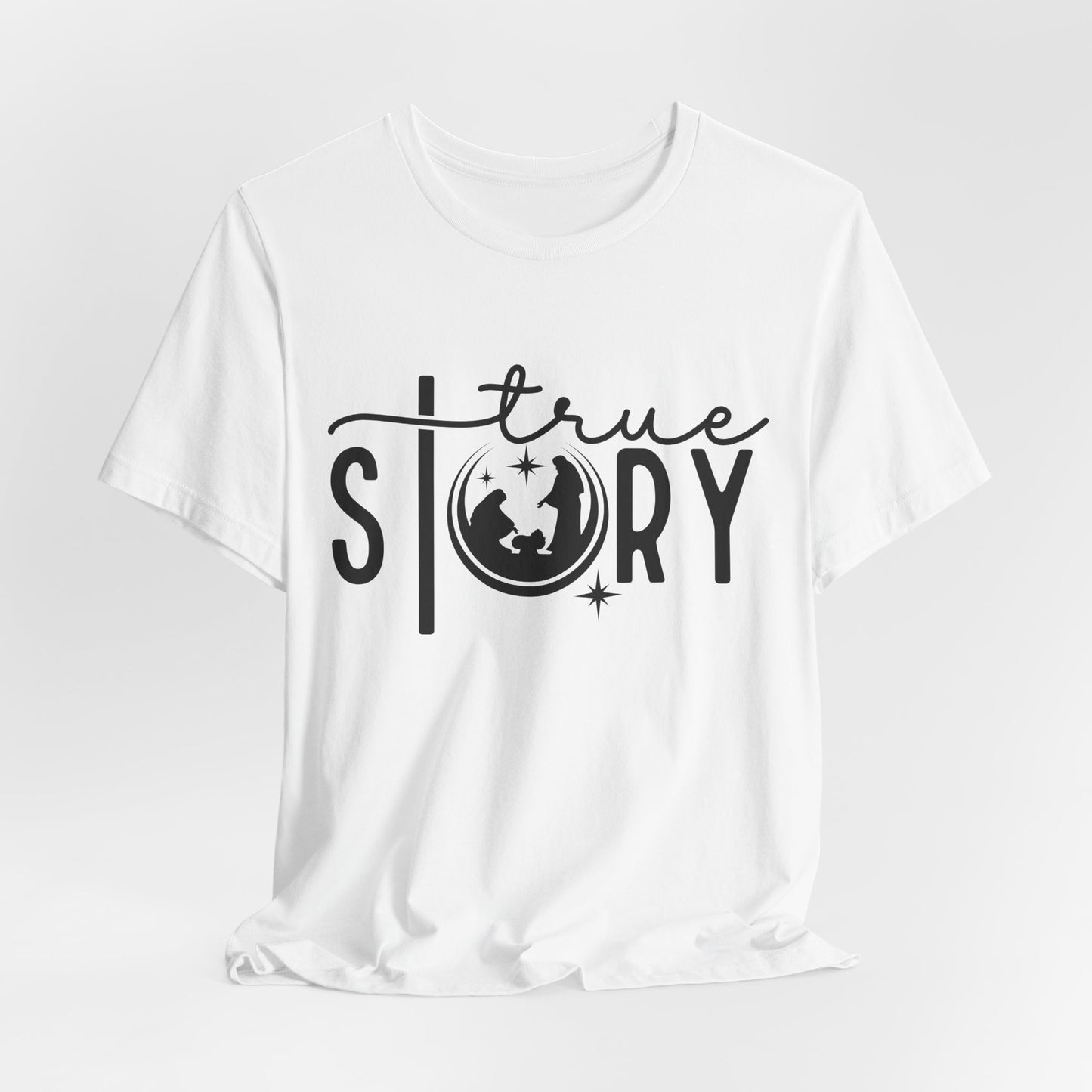 Christmas True Story Tee — Graphic Short Sleeve T-Shirt with Globe Design