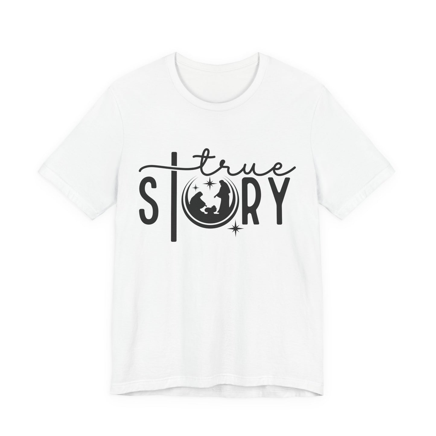 Christmas True Story Tee — Graphic Short Sleeve T-Shirt with Globe Design