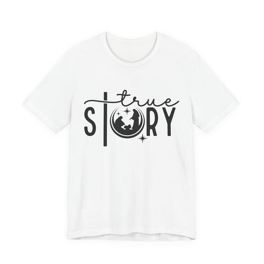 Christmas True Story Tee — Graphic Short Sleeve T-Shirt with Globe Design