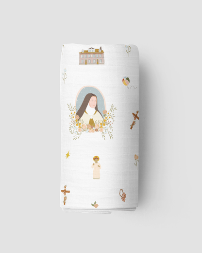 Product packaging with illustrations of St. Therese, birds, and buildings on a white background