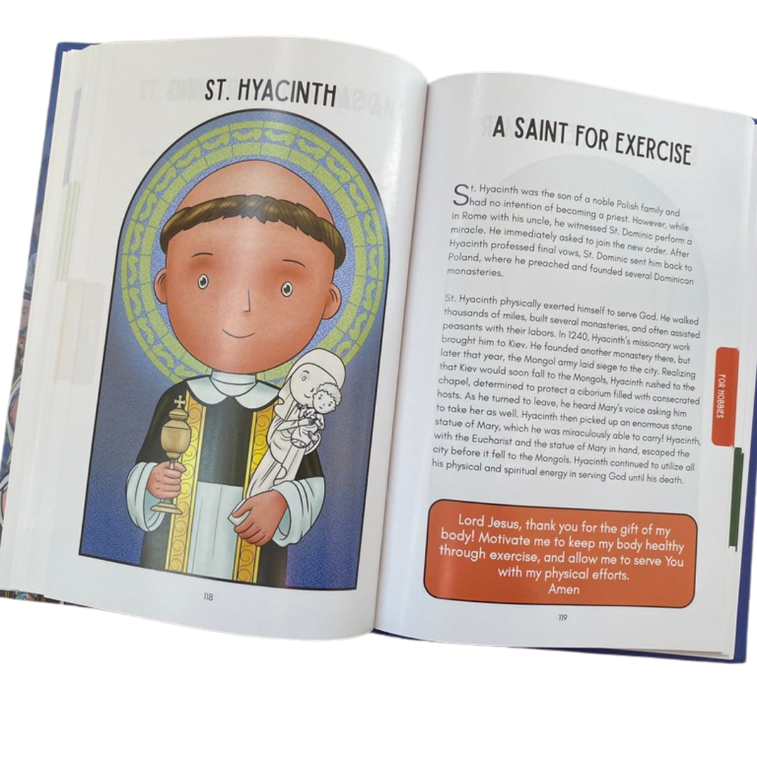 Open book featuring an illustration of St. Hyacinth and text about him.