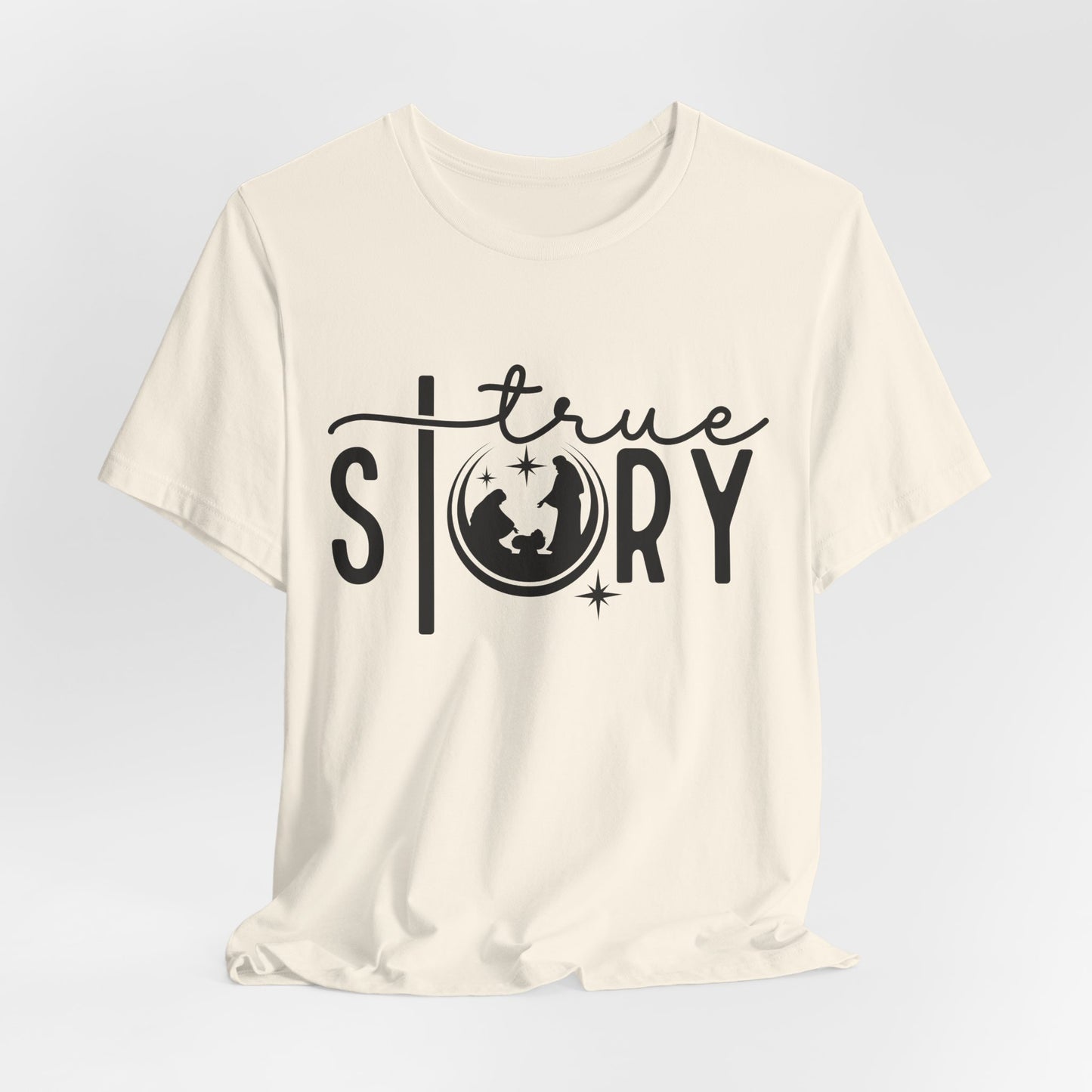 Christmas True Story Tee — Graphic Short Sleeve T-Shirt with Globe Design