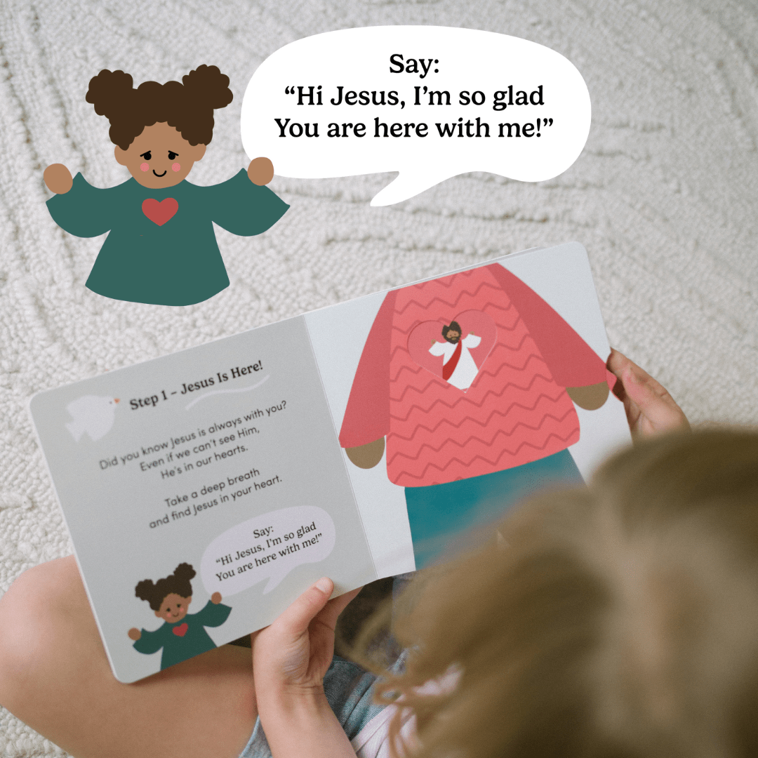 Child reading a book with a character and text about being glad Jesus is here.
