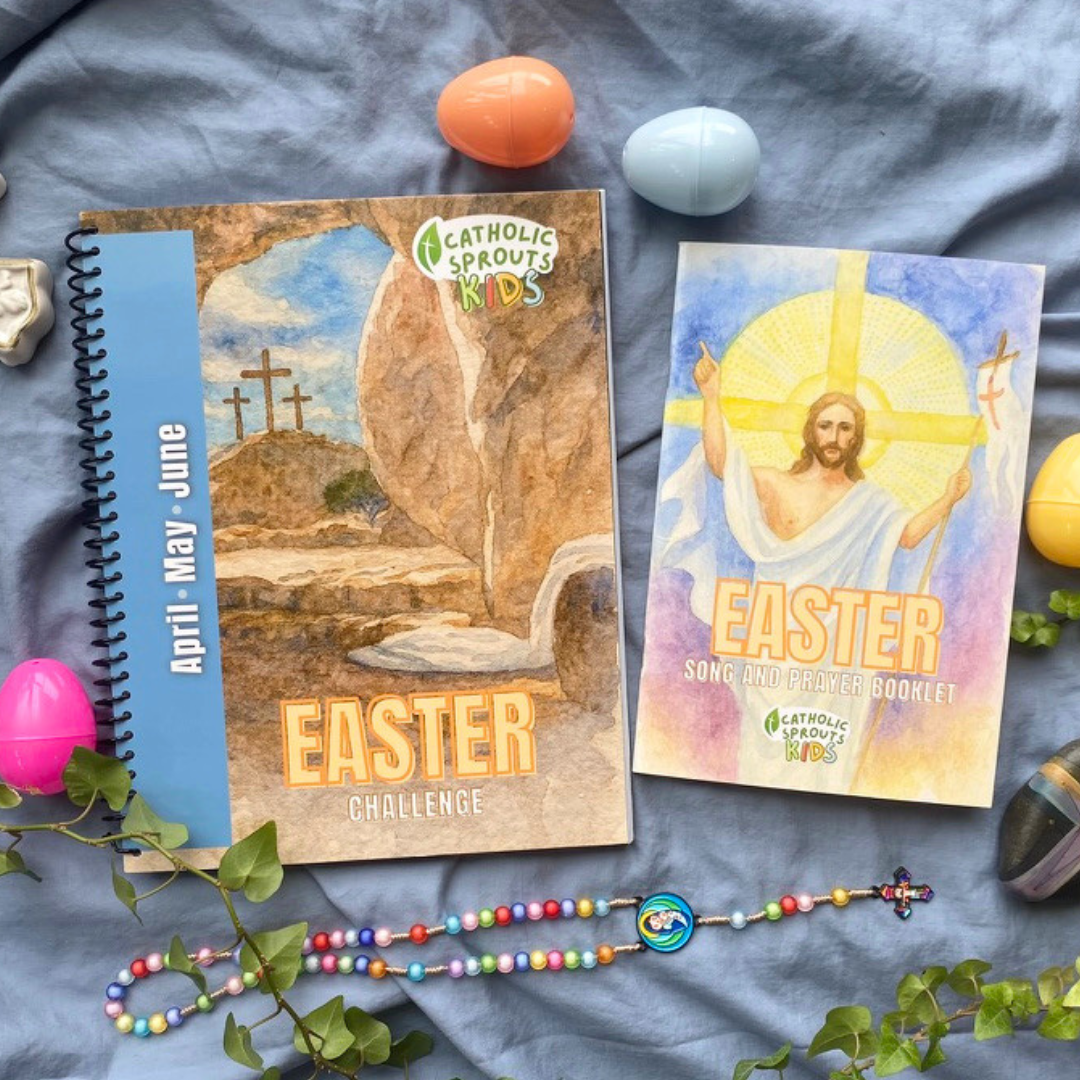 Two Easter-themed books on a blue fabric background with colorful eggs and a rosary.