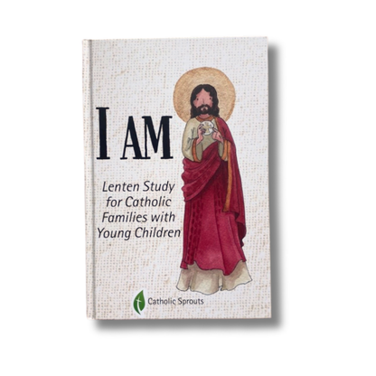 Book titled 'I AM' with a religious illustration on a white background