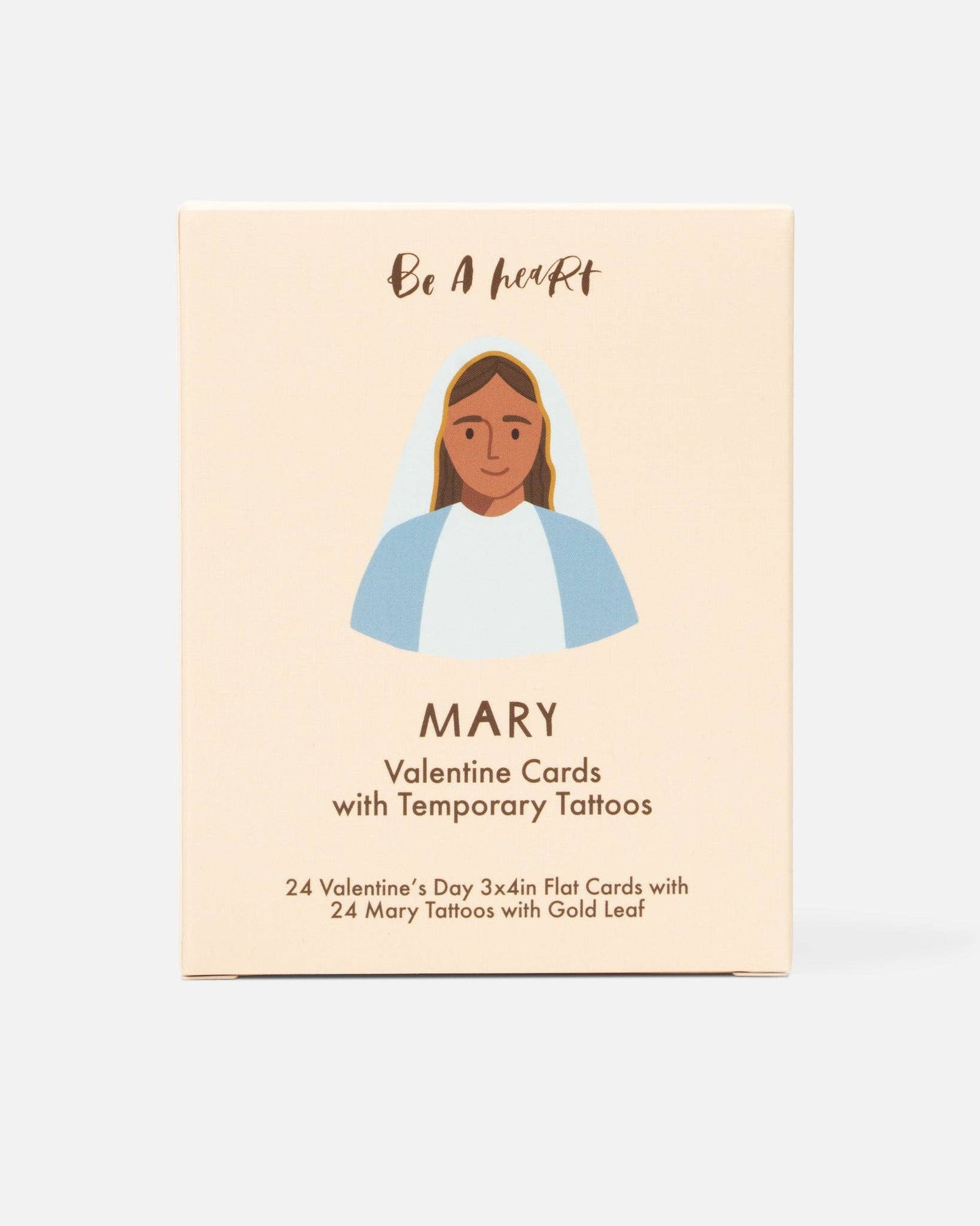 Valentine card packaging featuring an illustration of Mary with temporary tattoos on a beige background.