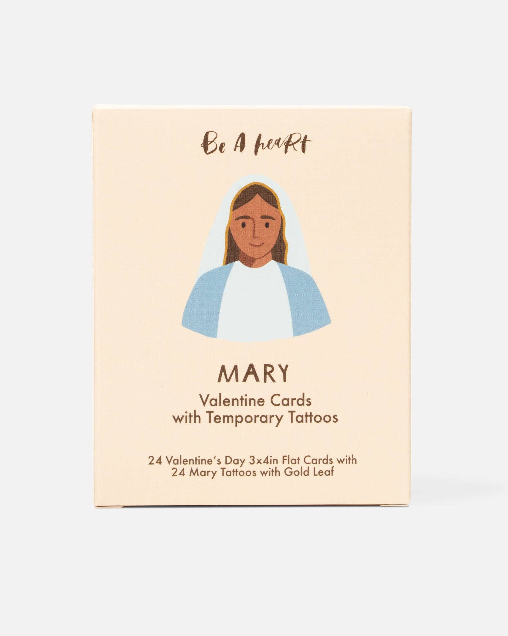 Valentine card packaging featuring an illustration of Mary with temporary tattoos on a beige background.