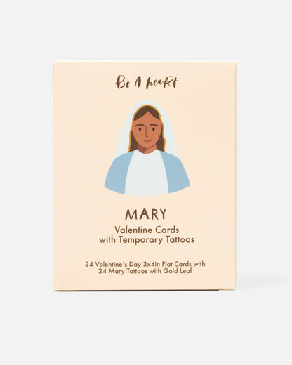 Valentine card packaging featuring an illustration of Mary with temporary tattoos on a beige background.