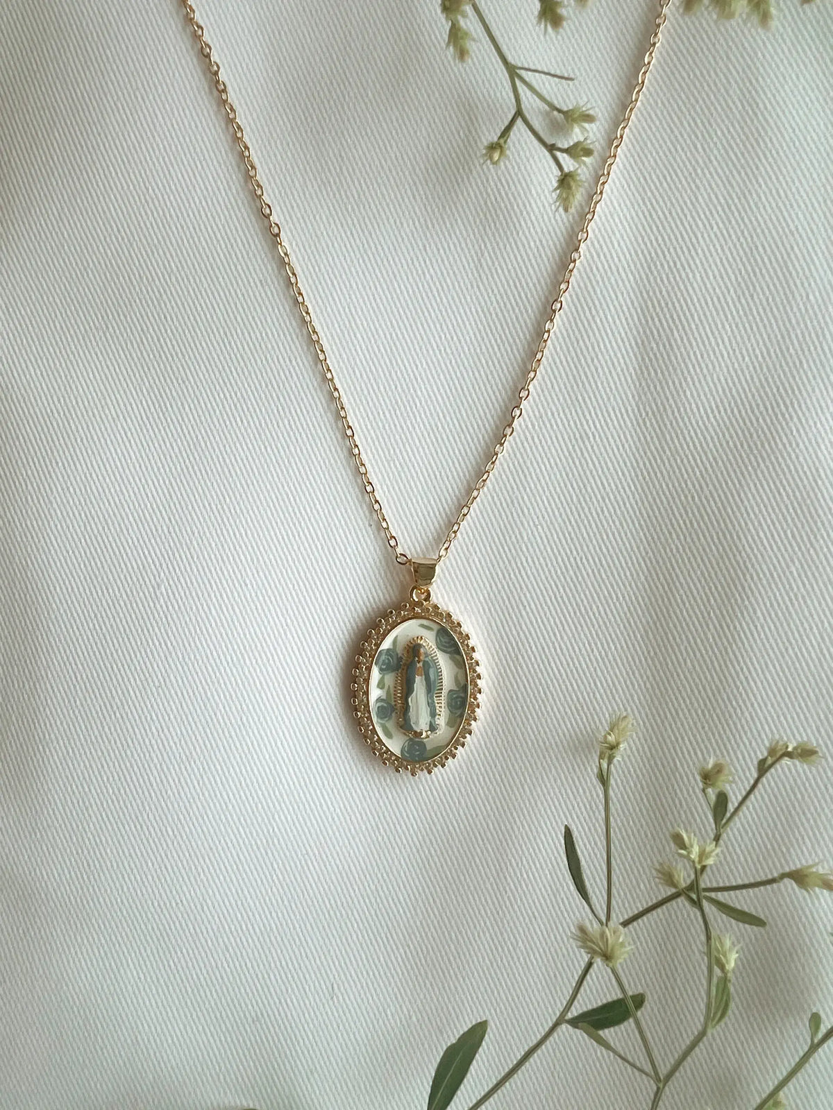COMING SOON Mother Mary in Blue Roses Necklace