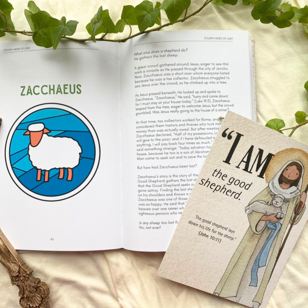 Open book with illustrations and text, including a card with a religious illustration and quote.