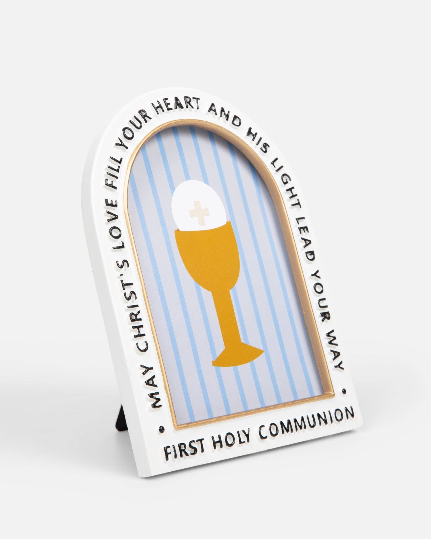 Decorative plaque with a chalice illustration and text for First Holy Communion on a white background