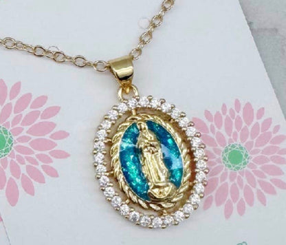 Gold Mary Pendant Necklace, Religious Jewelry Religious Gift: Blue / 18"(most popular)