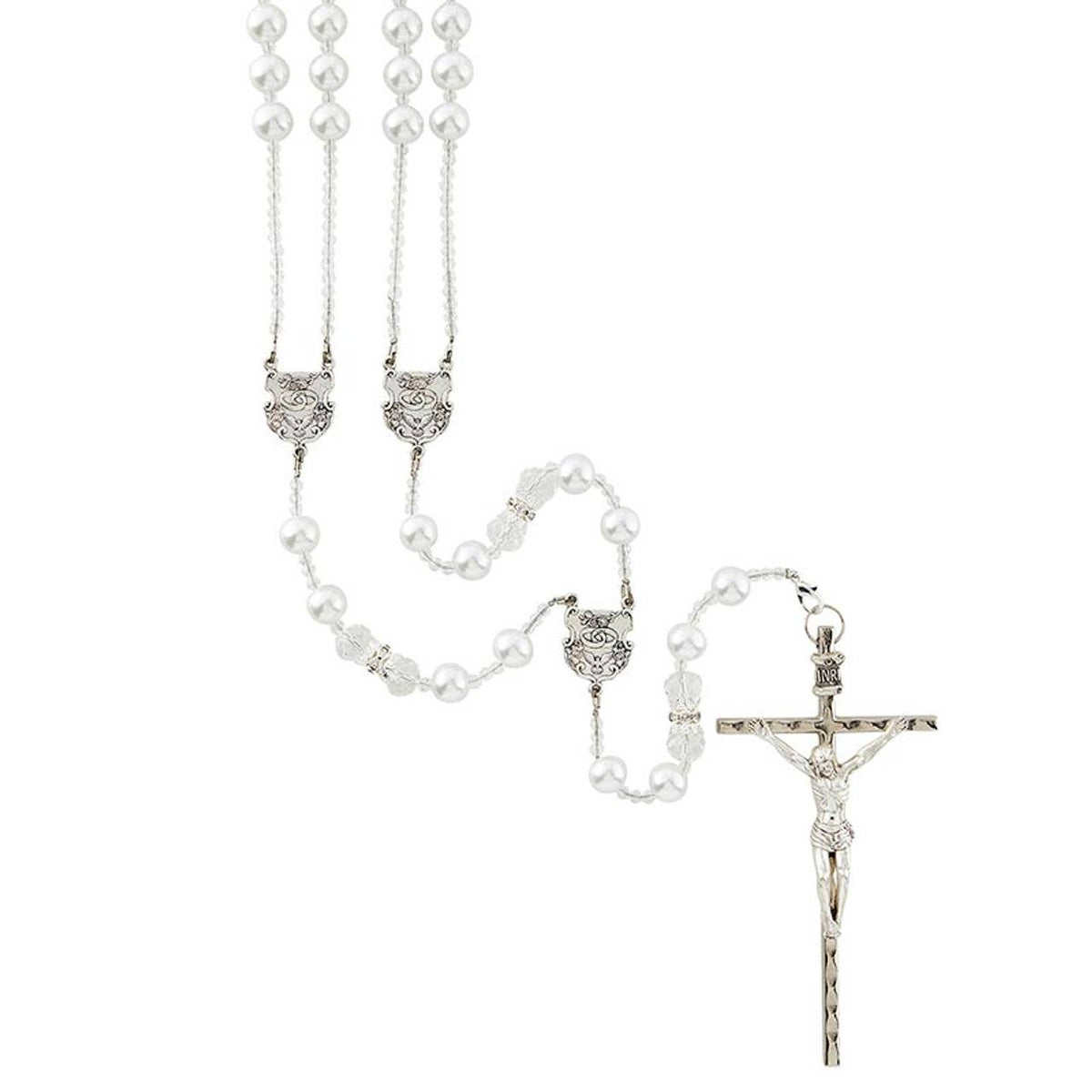 Pearl Lasso Wedding Rosary: Antique Silver Plate, Imitation Pearl and Faceted Crystal Beads / 10mm Pearl Beads, 10mm Faceted Crystal, Silver Capped Our Father Beads, 33" L, 1" Centerpiece, 4-1/2" Crucifix