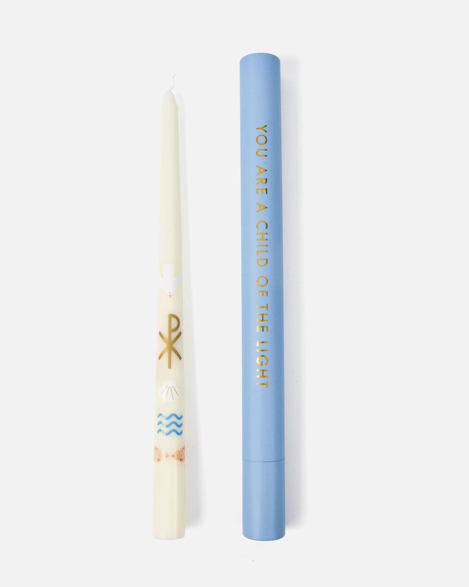 Candle and blue cylindrical container with text on a white background