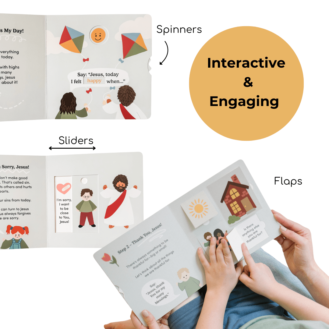 Children's book with interactive elements like spinners, sliders, and flaps, held by a child.