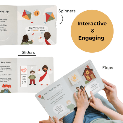 Children's book with interactive elements like spinners, sliders, and flaps, held by a child.