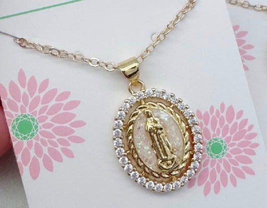 Gold Mary Pendant Necklace: Cream / 18" Chain