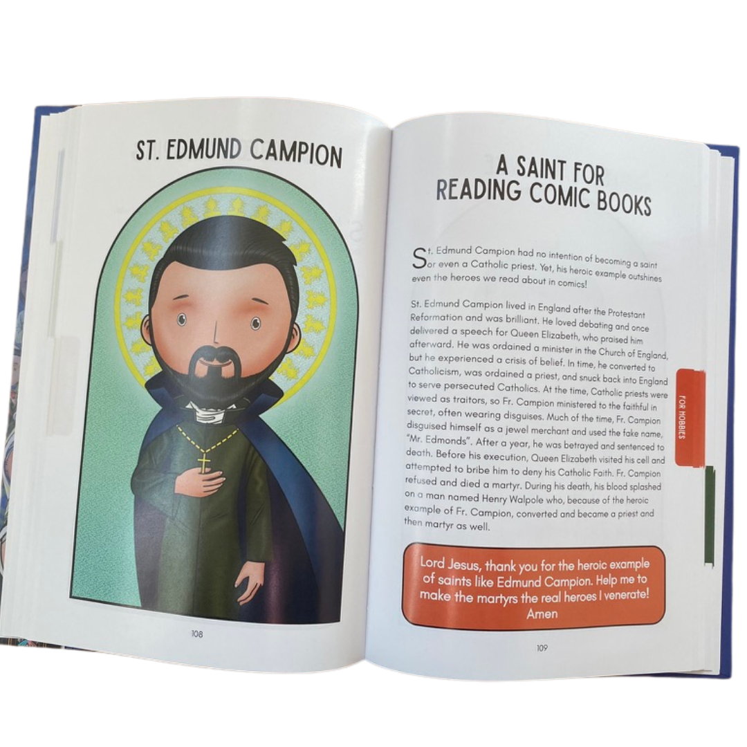 Open book with illustration of St. Edmund Campion and text about him on a white background