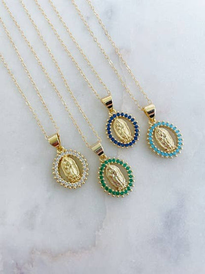 Crystal Virgin Mary Necklace: Sapphire blue / 18" chain