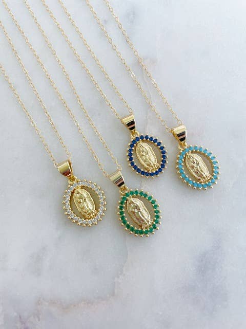 Crystal Virgin Mary Necklace, Religious Jewelry Gift: Sapphire blue / 18"(most popular)