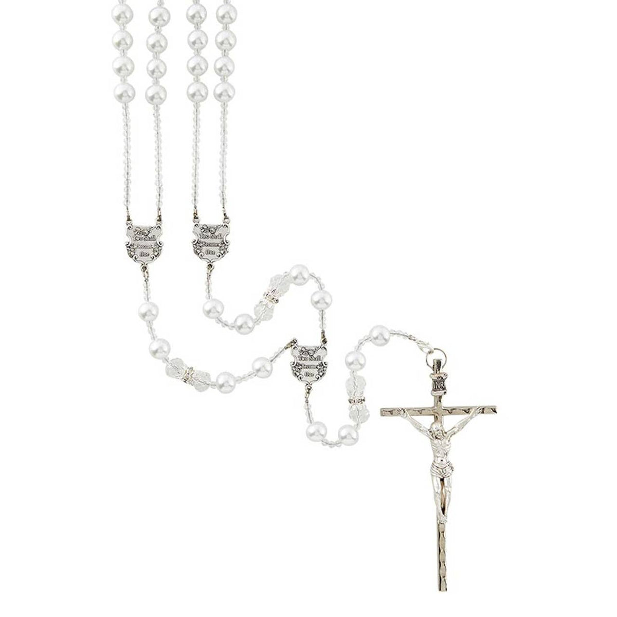 Pearl Lasso Wedding Rosary: Antique Silver Plate, Imitation Pearl and Faceted Crystal Beads / 10mm Pearl Beads, 10mm Faceted Crystal, Silver Capped Our Father Beads, 33" L, 1" Centerpiece, 4-1/2" Crucifix