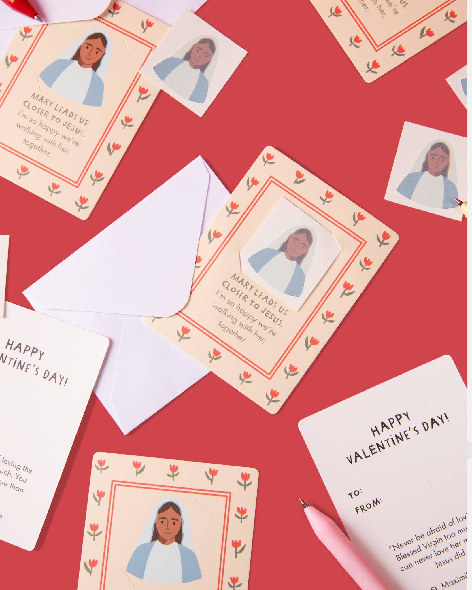 Valentine's Day cards with illustrations on a red background