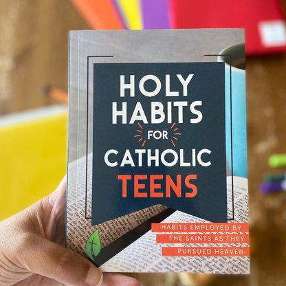 Book titled 'Holy Habits for Catholic Teens' held by a hand with colorful background