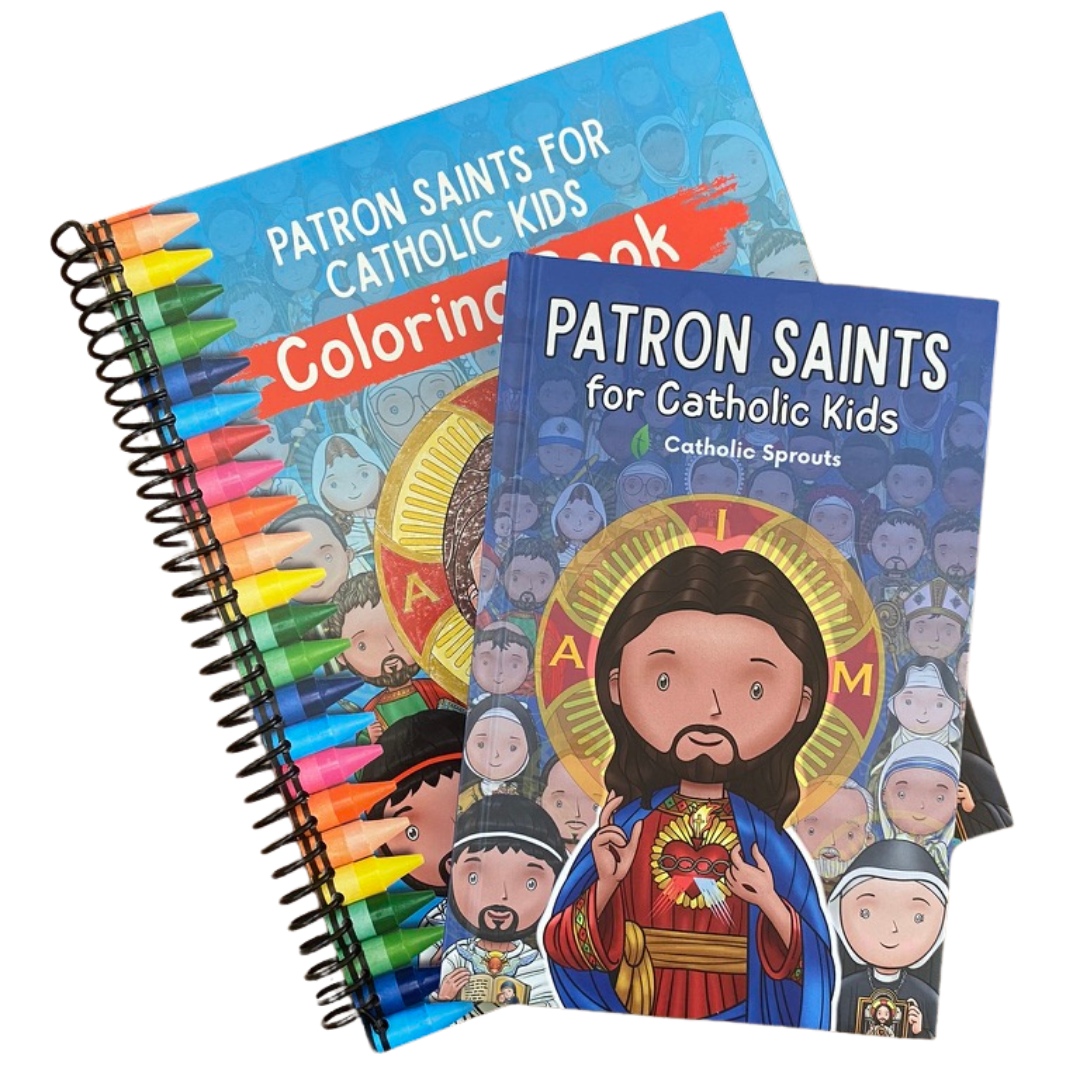 Coloring book and crayons with 'Patron Saints for Catholic Kids' title on a white background