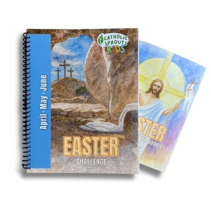 Easter-themed activity booklets with religious illustrations on a white background