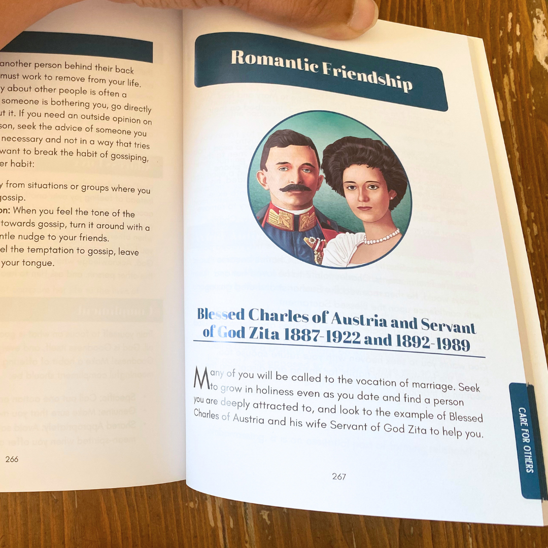 Open book with a portrait of a man and woman and text about a romantic friendship.