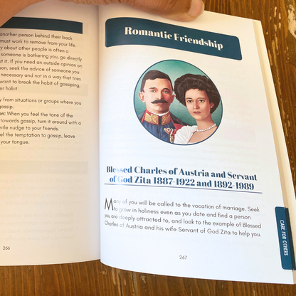 Open book with a portrait of a man and woman and text about a romantic friendship.