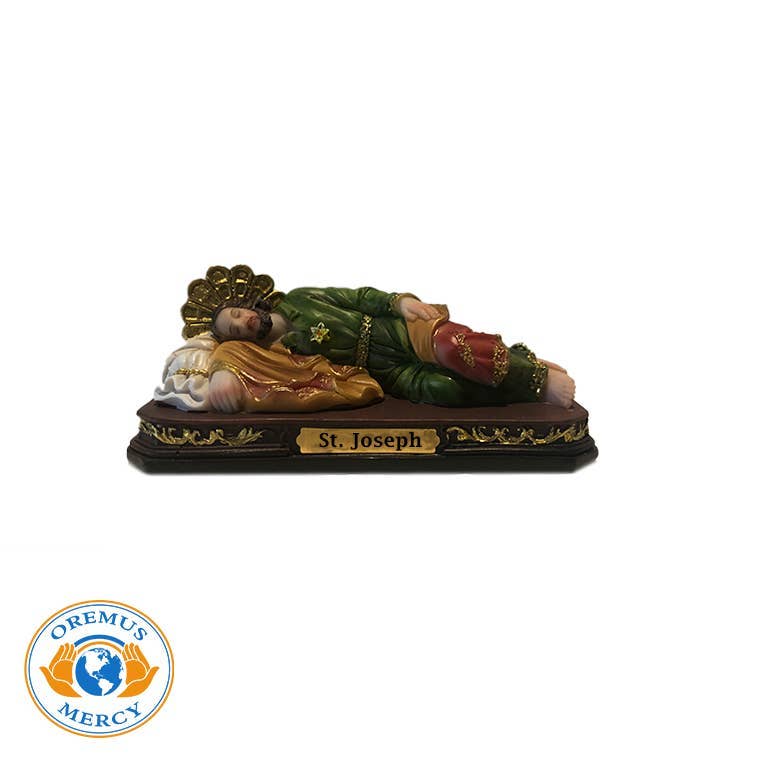 Statue of sleeping St. Joseph on a white background with 'Oremus Mercy' logo.