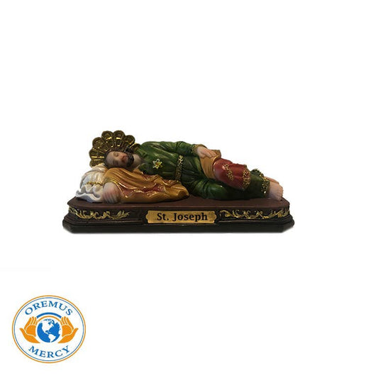 Statue of sleeping St. Joseph on a white background with 'Oremus Mercy' logo.