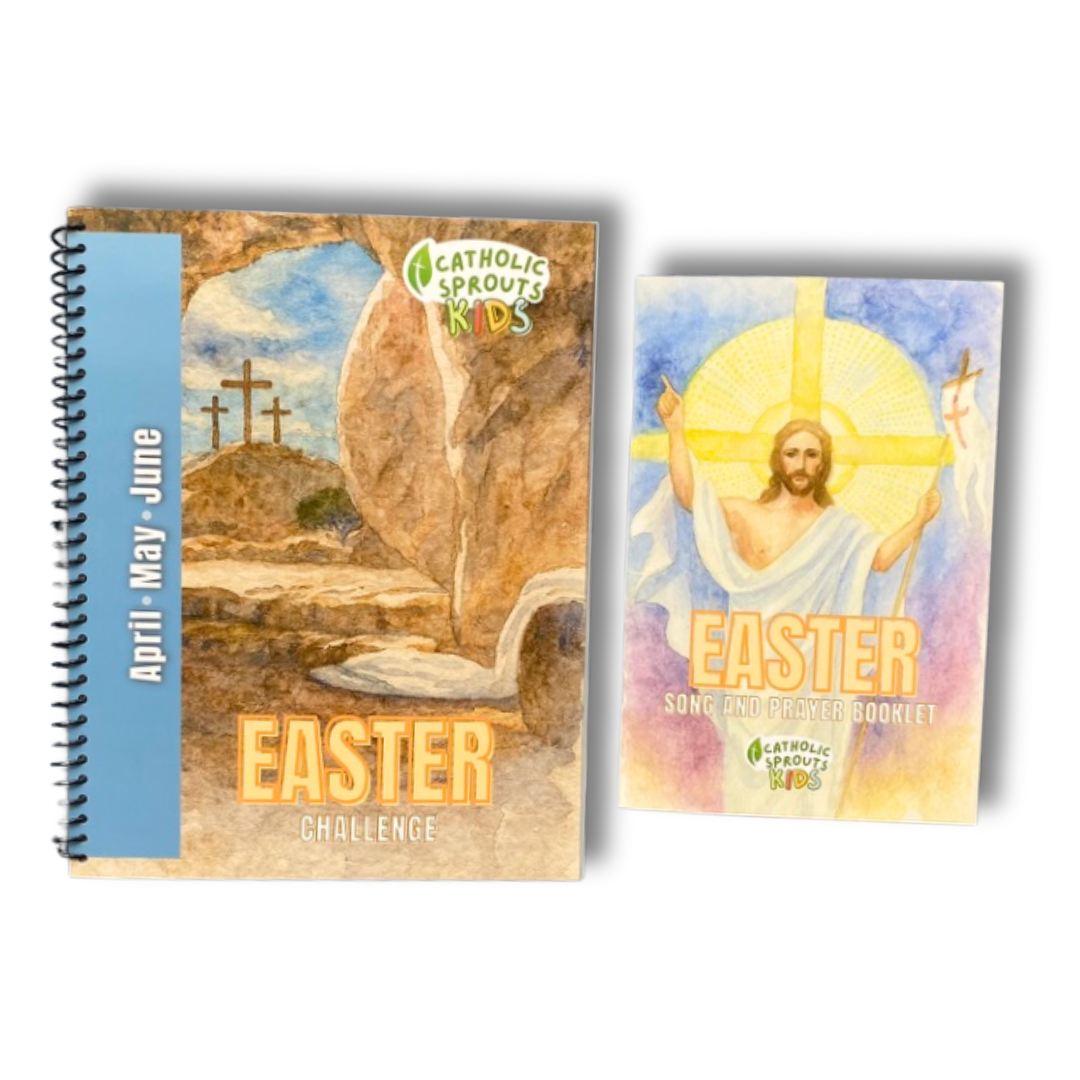 Two Easter-themed books with religious illustrations on a white background